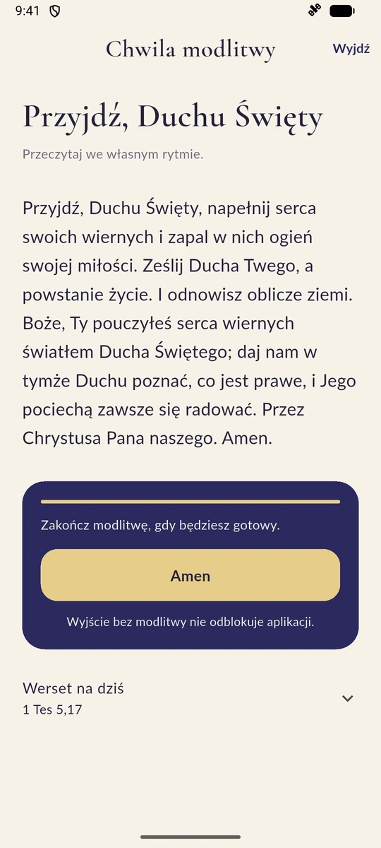 Bramka modlitewna: modlitwa Przyjdź, Duchu Święty i przycisk Amen odblokowujący aplikację