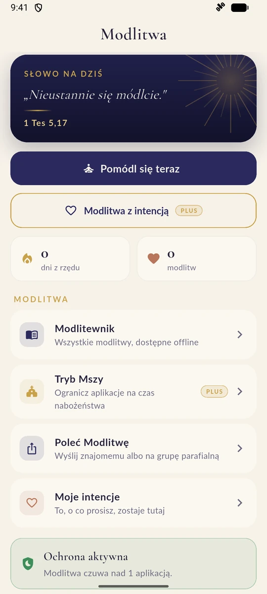 Ekran główny Modlitwy ze słowem na dziś i aktywną ochroną