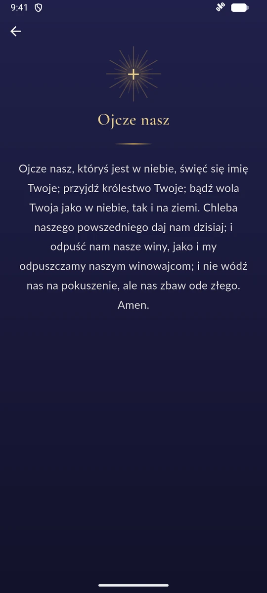 Ojcze nasz w modlitewniku aplikacji, na granatowym tle ze złotym krzyżem
