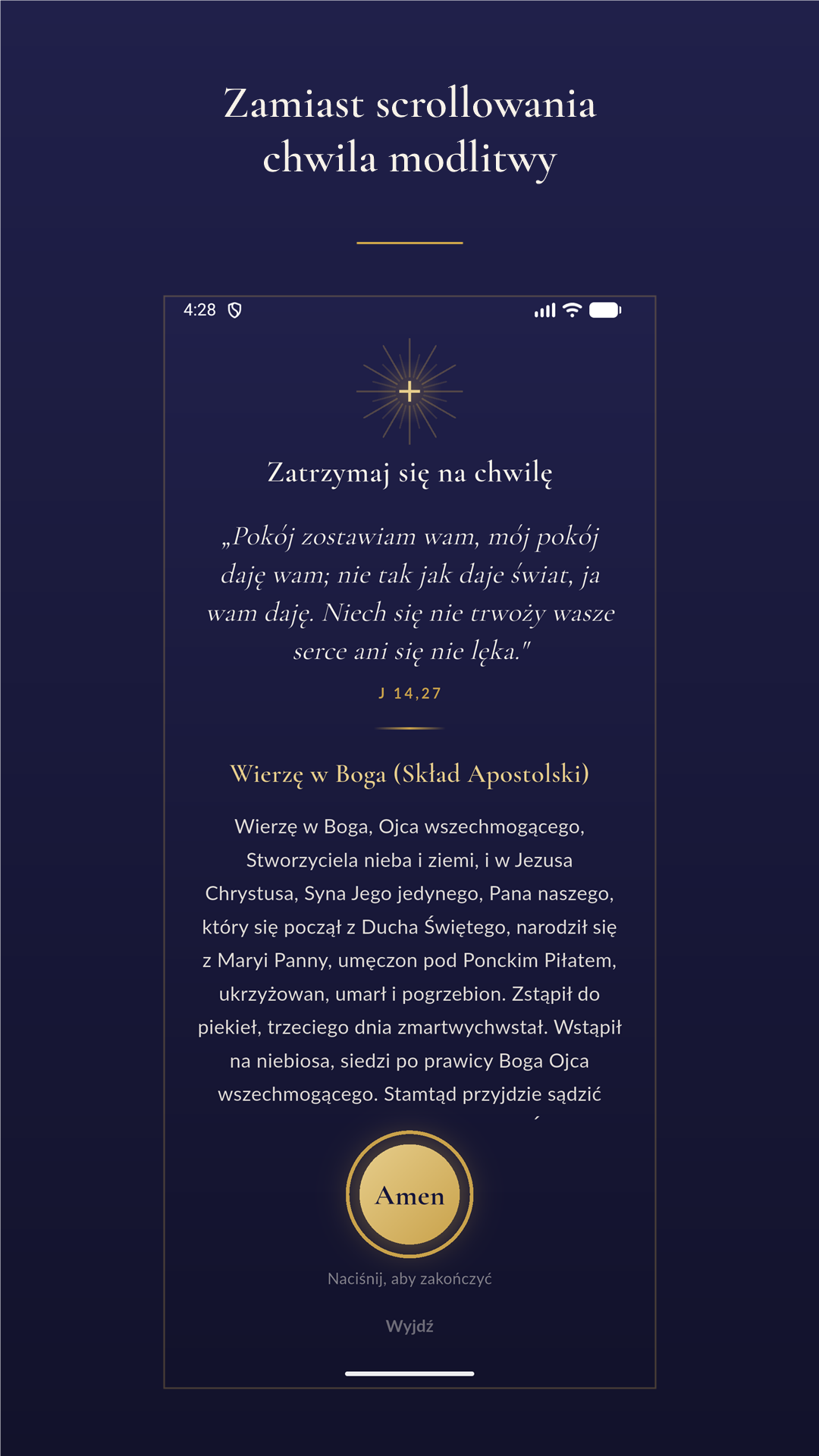 Ekran modlitwy z tekstem i przyciskiem Amen